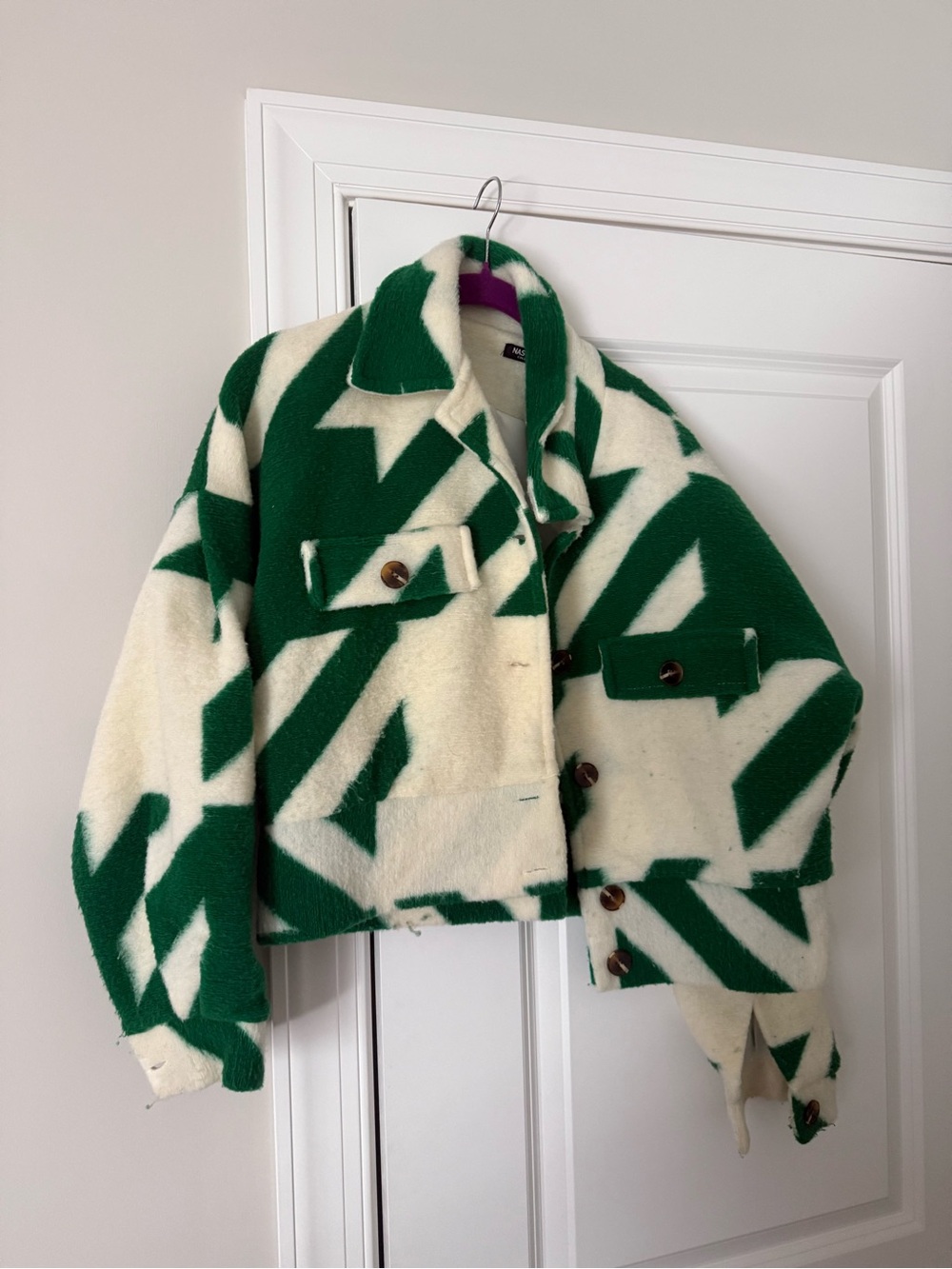 Green and White Fleece Bomber Jacket